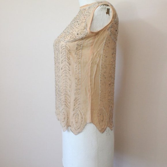 1920s 1910s Nude skin tone peach silk sheer beaded sleeveless blouse top XS S - Picture 4 of 10